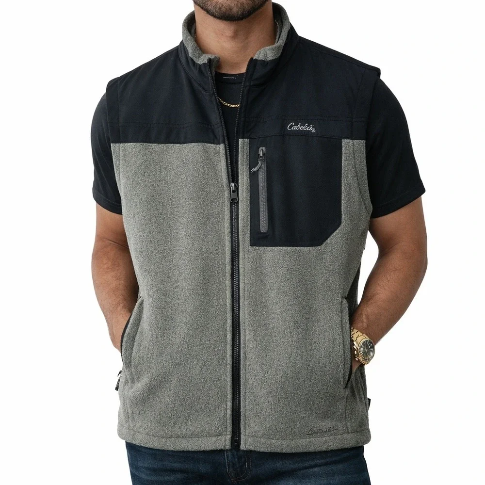 Cabelas Mens Fleece Vest Gray Navy Blue Full Zip Outdoor Pockets Size M Gorpcore